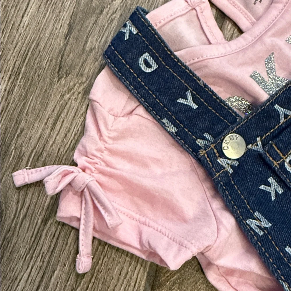 NWT DKNY Baby Girl Denim Shortall Set Pink 24M 2-Piece Outfit